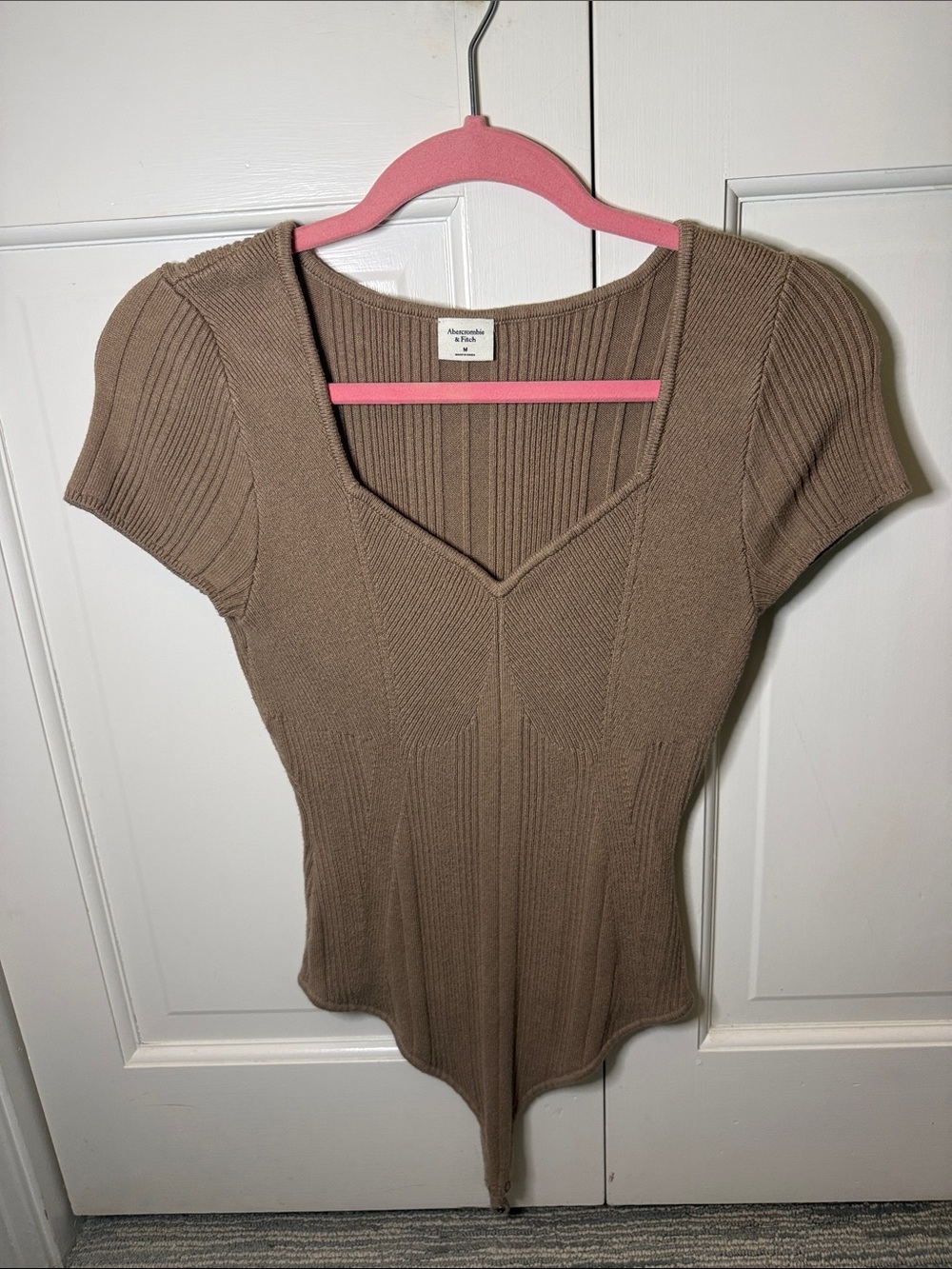 Abercrombie & Fitch Taupe Ribbed V-Neck Short Sleeve Bodysuit